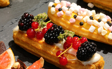 pastry with fresh fruit, mulberry and currant