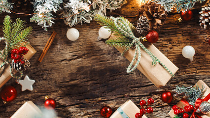 Christmas gift box and presents on wooden table background copy space