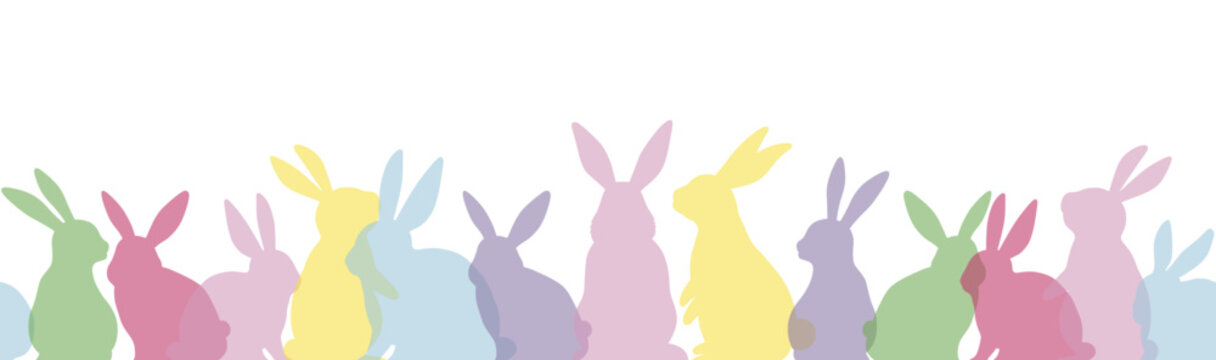 Happy Easter Vector Seamless Background With Colorful Easter Bunny Silhouette Isolated On A White Background. Horizontally Repeatable. 