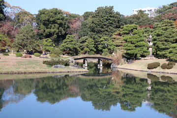 Fototapeta na wymiar 秋の六義園。日本の池にかかる石橋。