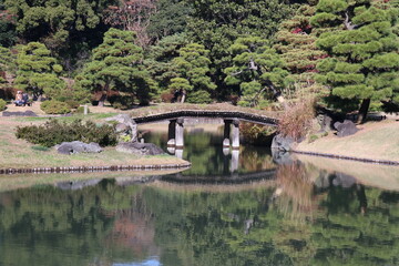 秋の六義園。日本の池にかかる石橋。