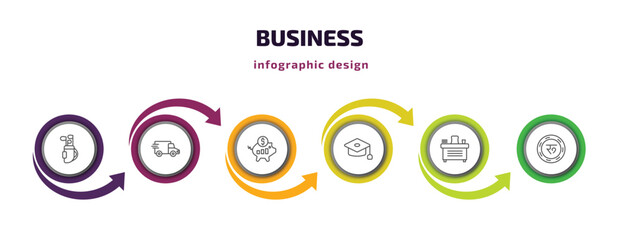 business infographic template with icons and 6 step or option. business icons such as golf sticks, logistic, purpose of saving money, graduation ceremony, director desk, nepalese vector. can be used