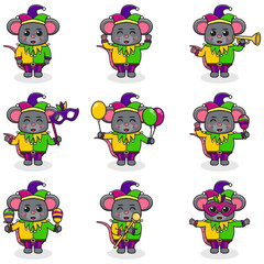 Obraz premium Vector illustration Mouse wearing mardi gras clothes in different poses isolated on white background. A cartoon illustration of a Mardi Gras Mouse . Mardi Gras jester, set.