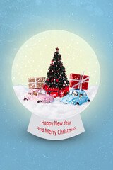 Photo sketch graphics collage artwork picture of beautiful x-mas snow globe presents cars inside...