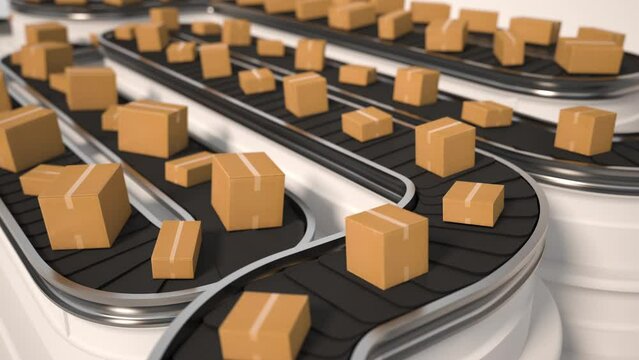 4K Loop Cardboard boxes on conveyor belt line isolated on white grey background. Distribution warehouse. E-commerce, storage, delivery and packaging service concept. Close up, DOF. 3d animation