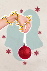 Collage 3d image of pinup pop retro sketch of arm tangled xmas garland holding bauble isolated...