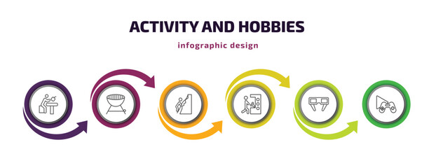 activity and hobbies infographic template with icons and 6 step or option. activity and hobbies icons such as lace making, barbeque, rappelling, pachinko, 3d glasses, game playing vector. can be