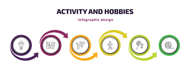 activity and hobbies infographic template with icons and 6 step or option. activity and hobbies icons such as warming up, dominoes, martial art, walking, butterfly catcher, yarn ball vector. can be