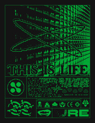 Poster with panel high-rise buildings. Print in techno style, for streetwear, print for t-shirts and sweatshirts on a black background