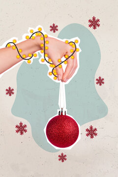 Collage 3d image of pinup pop retro sketch of arm tangled xmas garland holding bauble isolated painting background