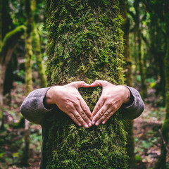 One man hugging a green tree trunk doing heart gesture with hands. People and love respect for...