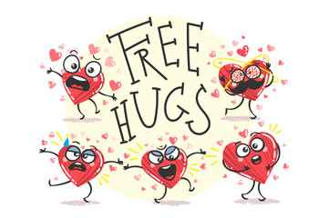 Free Hugs. Set of Happy Heart Characters in different poses with quote. Doodle romantic flat style Valentine's Day illustrations to express feelings of love. Vector illustration