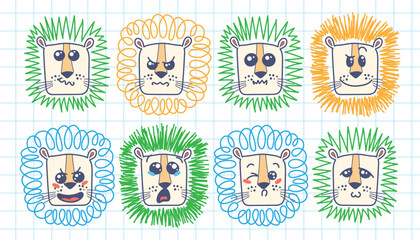 Isolated doodle cute Lion emoticons. Cute set of vector animals with emotions. Cartoon feline, lion for print, children and baby development