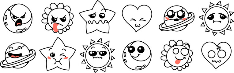 Various Cartoon Emoticons Set. Doodle faces, eyes and mouth. Caricature comic expressive emotions, smiling, crying and surprised character face expressions
