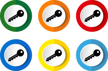 Key icon set, flat design vector illustration in 6 colors options for webdesign and mobile applications.