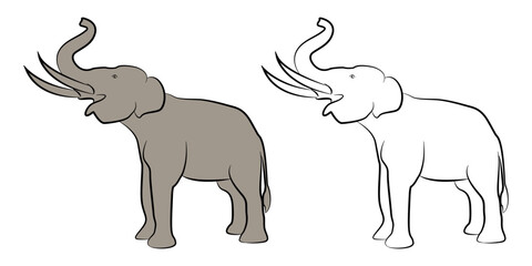 Elephant black outline illustration on isolated background.