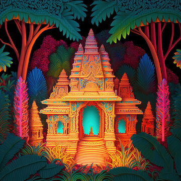 AI generated image of a diorama model of an ancient Hindu temple in the jungle, made from only paper 