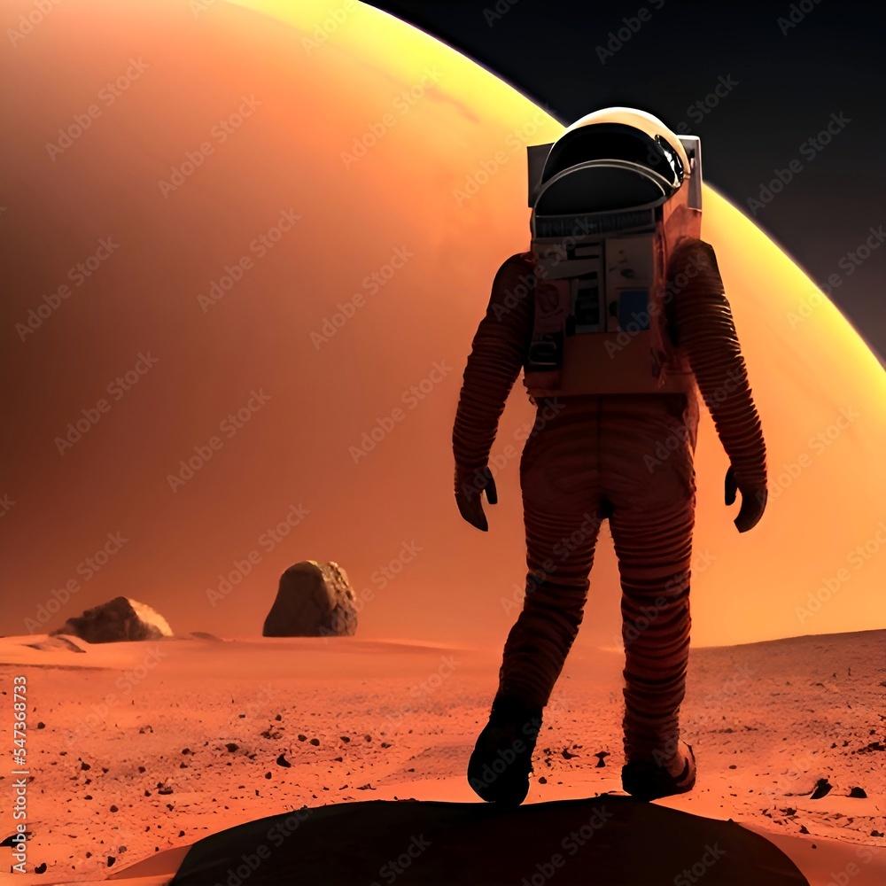 Wall mural illustration of a man walking on planet mars