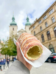 Trdelnik is unique cinnamon sugar pastry in Prague, Czechia 