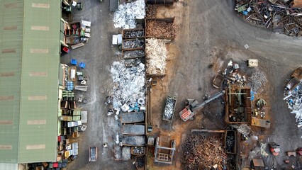 Overhead drone aerial view of recyling centre Hertfordshire UK - obrazy, fototapety, plakaty