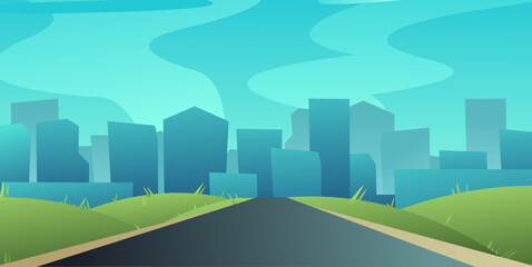 City on horizon in distance. Asphalt road. Rural meadows hills. Cityscape with skyscrapers and houses. Cartoon fun style. Flat design. Vector.