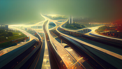 Abstract futuristic city with ultra speed highways, generative ai illustration