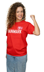 Cheering female football fan from Denmark with red jersey