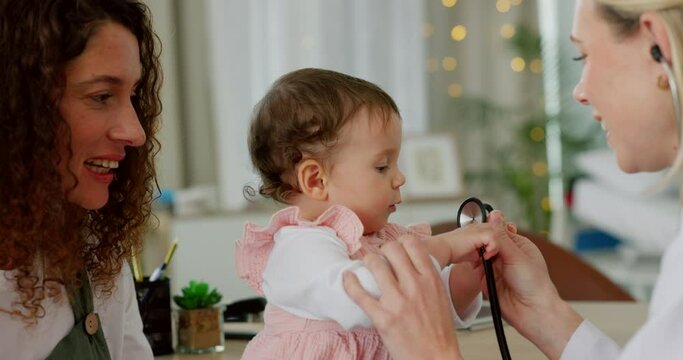 Health, doctor with stethoscope and baby patient for medical check up and pediatrics in hospital. Mother, child and professional pediatrician, medicine examination and healthcare for kids in clinic.