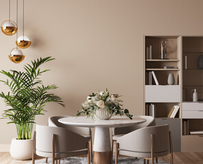 luxury dining room design, bright beige interior apartment, 3d render