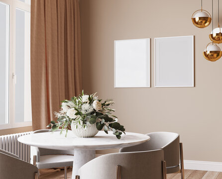 Frame mockup in luxury dining room design, bright beige interior apartment, 3d render