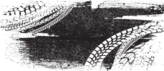 Vector Print Textured Tire Track banner. Design Element . Car tread silhouette . Mud splash grunge texture. Drift show