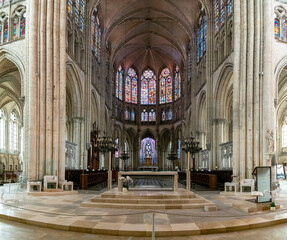 view of the main altar and central nave of the Troyes Cathedral