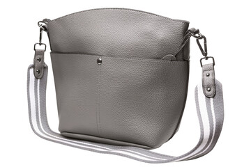 Large gray leather women's bag with one long handle, on a white background, isolate