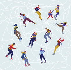 people Ice skating vector illustration, clipart, cartoon colorful funny, ice skate in winter.
