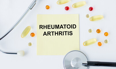 word rheumatoid arthritis on card the table,Medical concept.