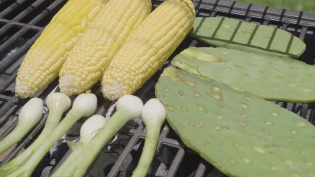 Verduras asadas, cebollita, nopal, elotes, asado, grill