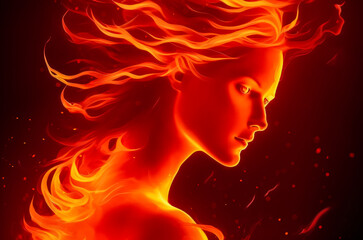 Fire girl - digital drawing of a fiery young woman on a dark red background