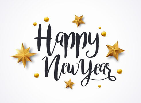 Happy New Year 2023 with calligraphic and brush painted text effect. Vector illustration background for new year's eve and new year resolutions and happy wishes with stars and balls christmas elements