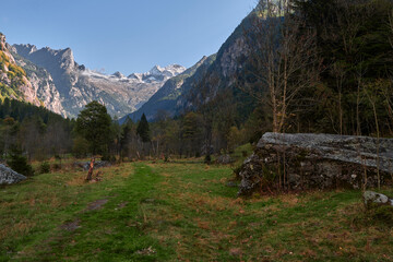 A clear autumn morning in Mello's and Masino's Valley, Lombardy northern Italy Alps