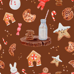 Seamless pattern of watercolor chocolate cookies and gingerbread. Christmas gingerbread cookies. Christmas decorations, Cookie Day