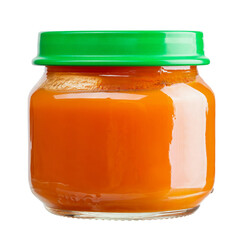 Jars with healthy baby food. Jar of carrot isolated on white background. Baby puree. File contains clipping path.