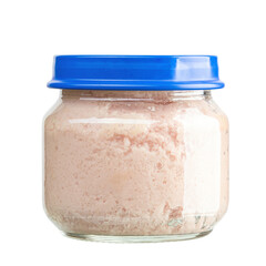 Baby puree. Jars with healthy baby food isolated on white background. File contains clipping path.