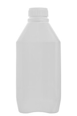 White plastic bottle with cap. Bottle of cleaning agent isolated on white background. File contains clipping path.