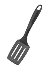 Black plastic cooking spatula isolated on white background. Kitchen utensils.
