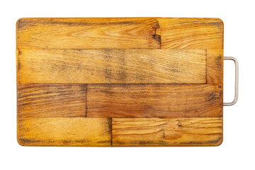 Old rectangular wooden cutting board, isolated on white background, top view. File contains clipping path.