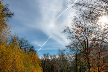 Traces of planes on blue sky