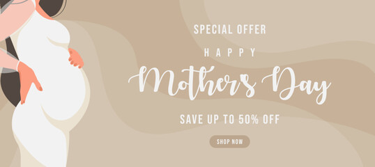 Happy Mother's Day sale banner. Season discount poster with pregnant elegant woman, future mom of hugging belly with arms. Gender reveal party. Flat vector illustration.