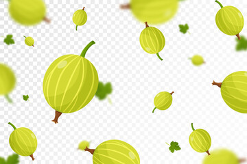 Flying gooseberry, seamless pattern background with blur effect. Falling Ripe gooseberry, isolated berries. Can be used for wallpaper, banner, poster, print, fabric, wrapping paper. vector flat design