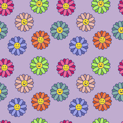 Psychedelic daisy flowers with smiling faces seamless pattern. Groovy print for tee, paper, fabric, textile. Retro illustration for decor and design.
