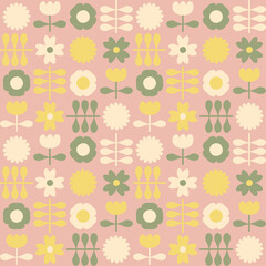 Retro seamless pattern with flowers in boho style. Geometric aesthetic print for curtain, tablecloth, textile and fabric. Vintage background for decor and design.